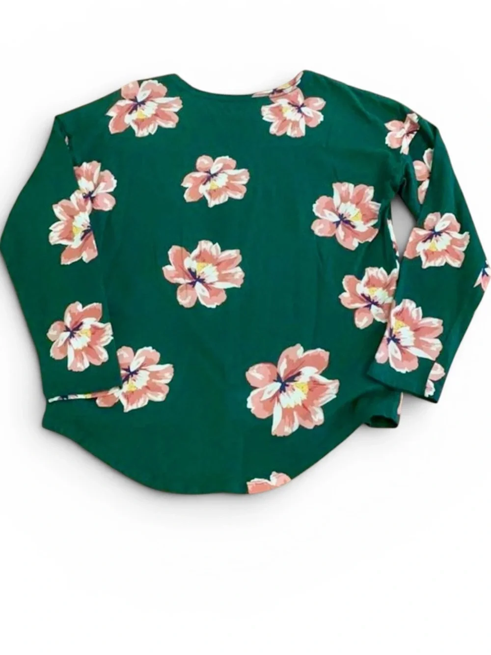 Old Navy Softest Tee Girls XL 14 Green Pink Floral Long Sleeve High‎ Low Hem